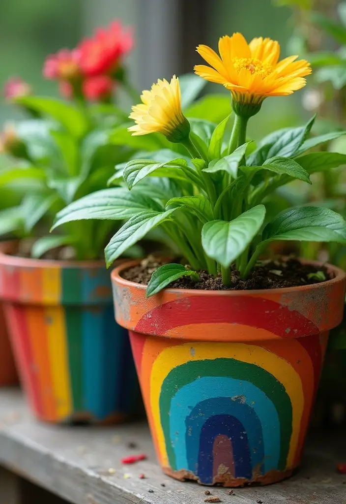 25 Paper Rainbow Crafts DIY Ideas Full of Color and Fun - 13. Rainbow Decorated Flower Pots