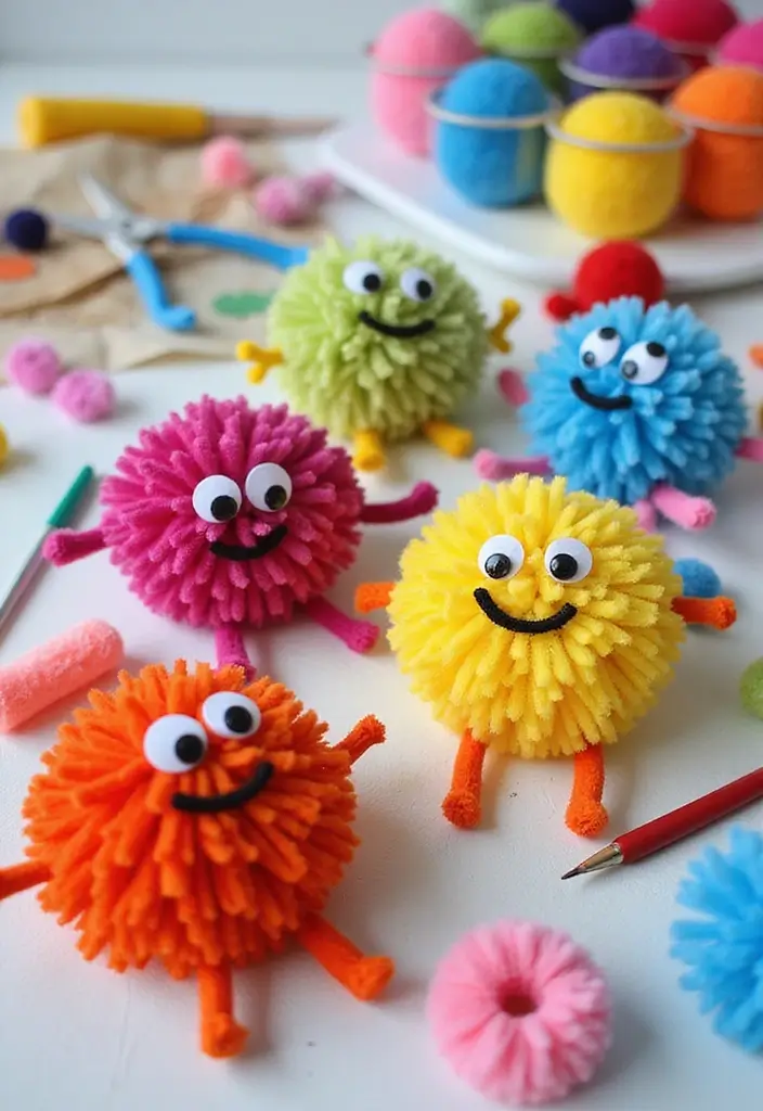 26 Preschool Crafts DIY Ideas That Help Build Early Skills - 18. Pom-Pom Creatures