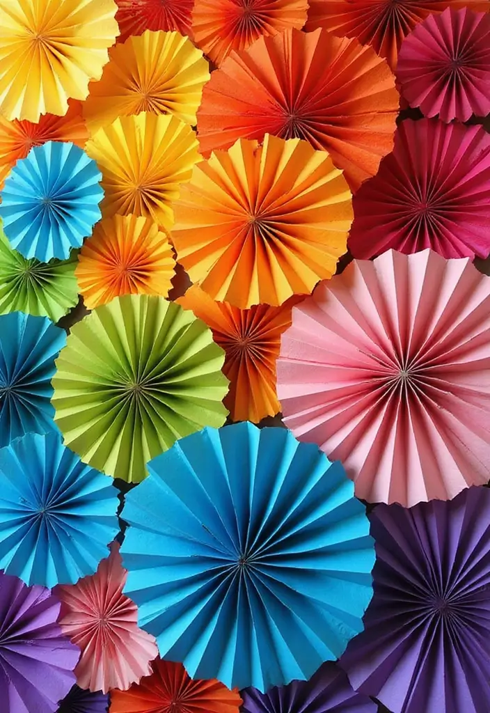 27 Paper Fan Decoration DIY Ideas for Parties and Events - 11. Rainbow Paper Fan Wall
