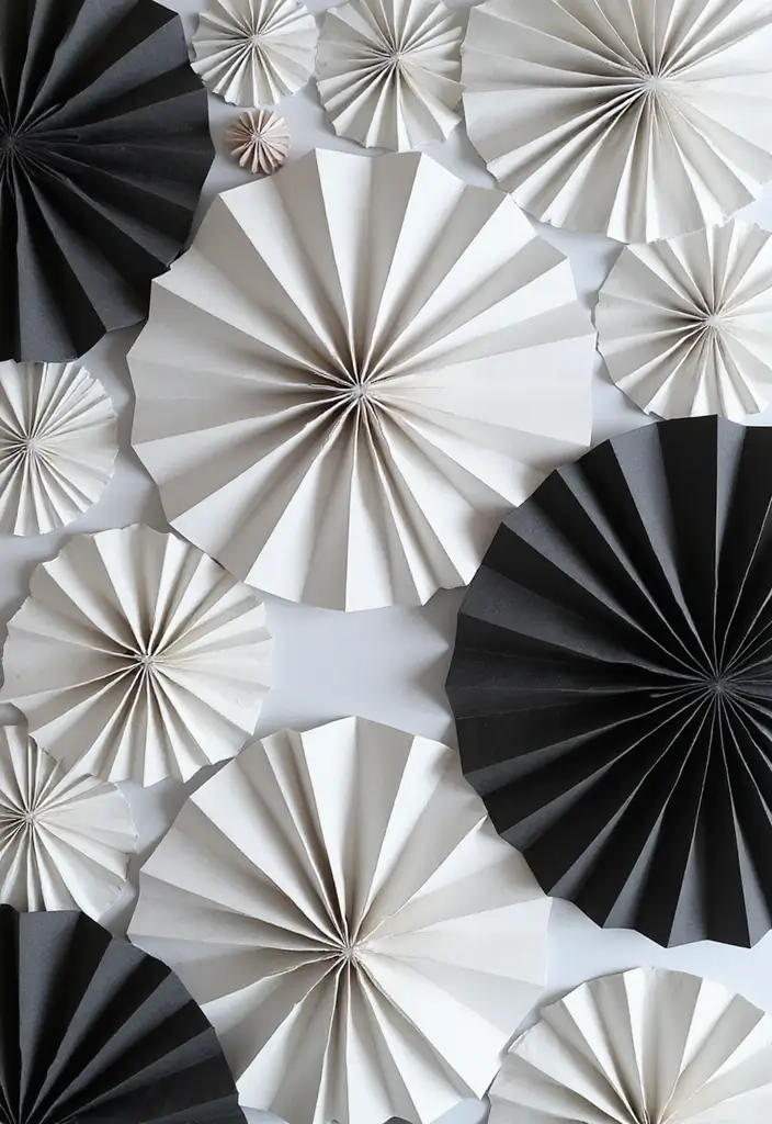 27 Paper Fan Decoration DIY Ideas for Parties and Events - 12. Elegant Monochrome Fans