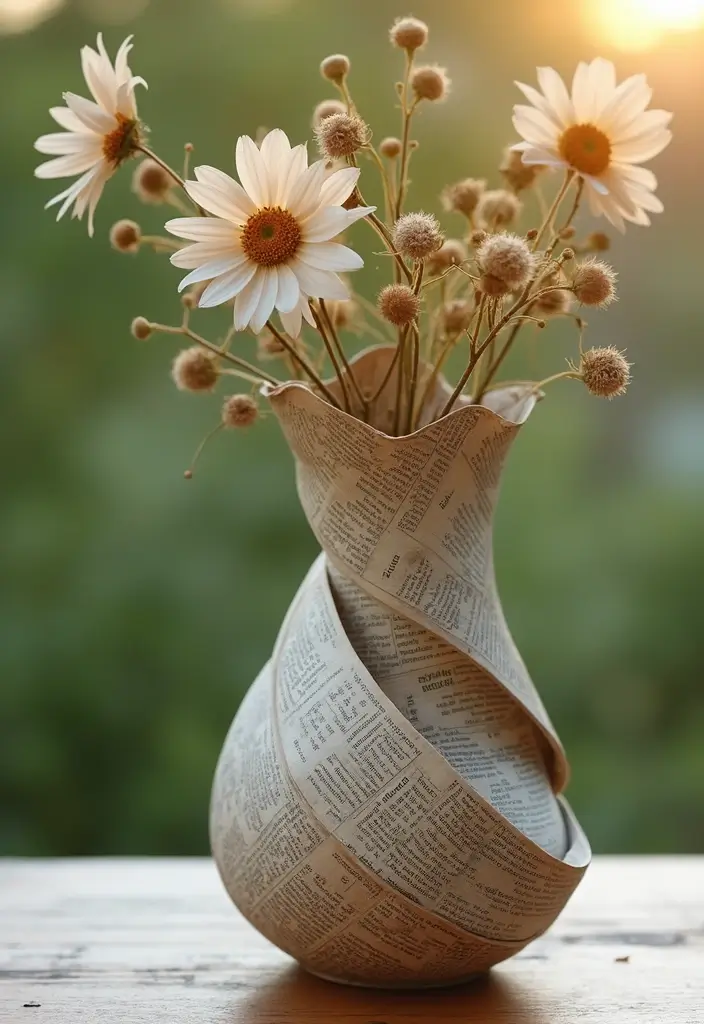 27 Paper Vase Crafts DIY Ideas for Elegant Handmade Decor - 1. Twisted Newspaper Vase