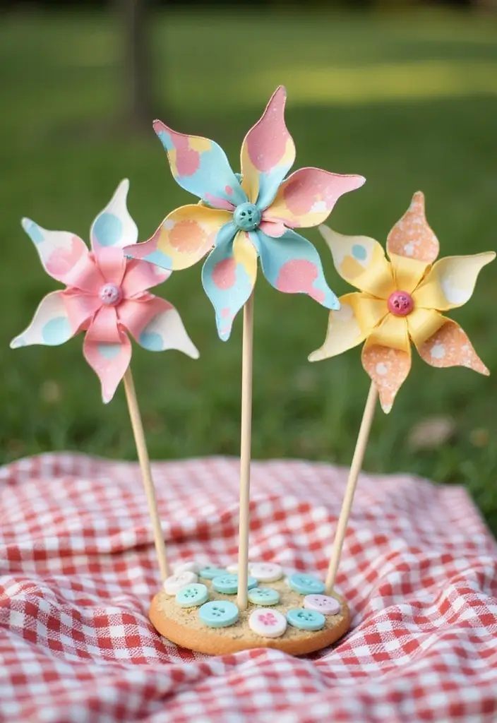 28 Paper Pinwheel DIY Ideas That Spin with Joy - 11. Button-Decorated Pinwheels