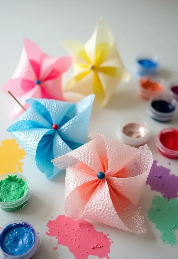 28 Paper Pinwheel DIY Ideas That Spin with Joy - 14. Bubble Wrap Pinwheels