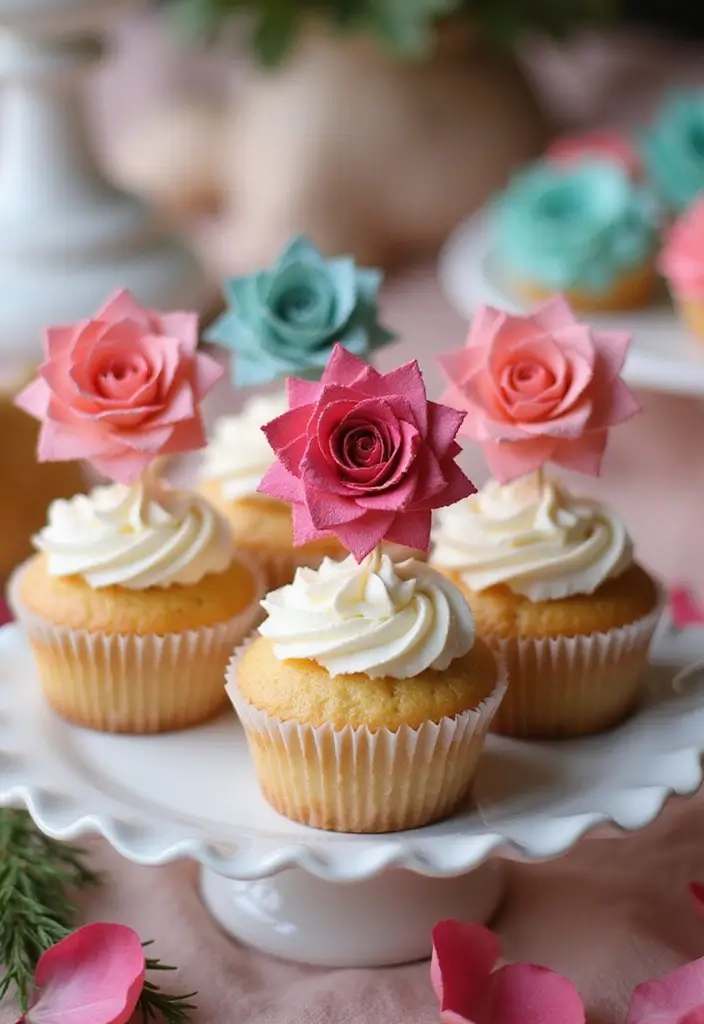 28 Paper Roses DIY Tutorial Ideas That Look Real and Romantic - 24. Paper Rose Cupcake Toppers