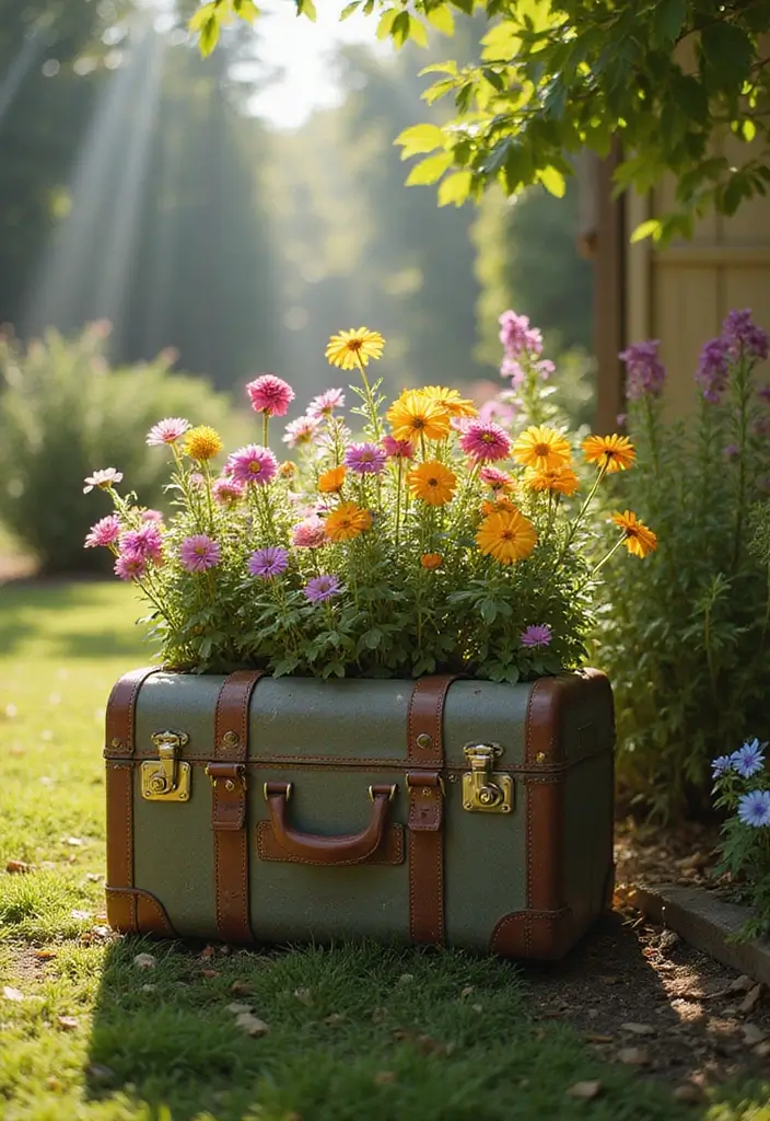 28 Recycled Kids Crafts DIY Projects That Teach Eco Creativity - 18. Upcycled Suitcase Planters