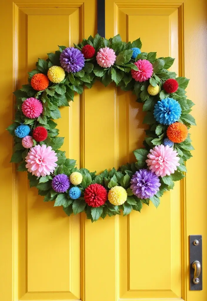 29 DIY Paper Wreath Designs That Add Charm to Any Door - 17. Pom-Pom Accents