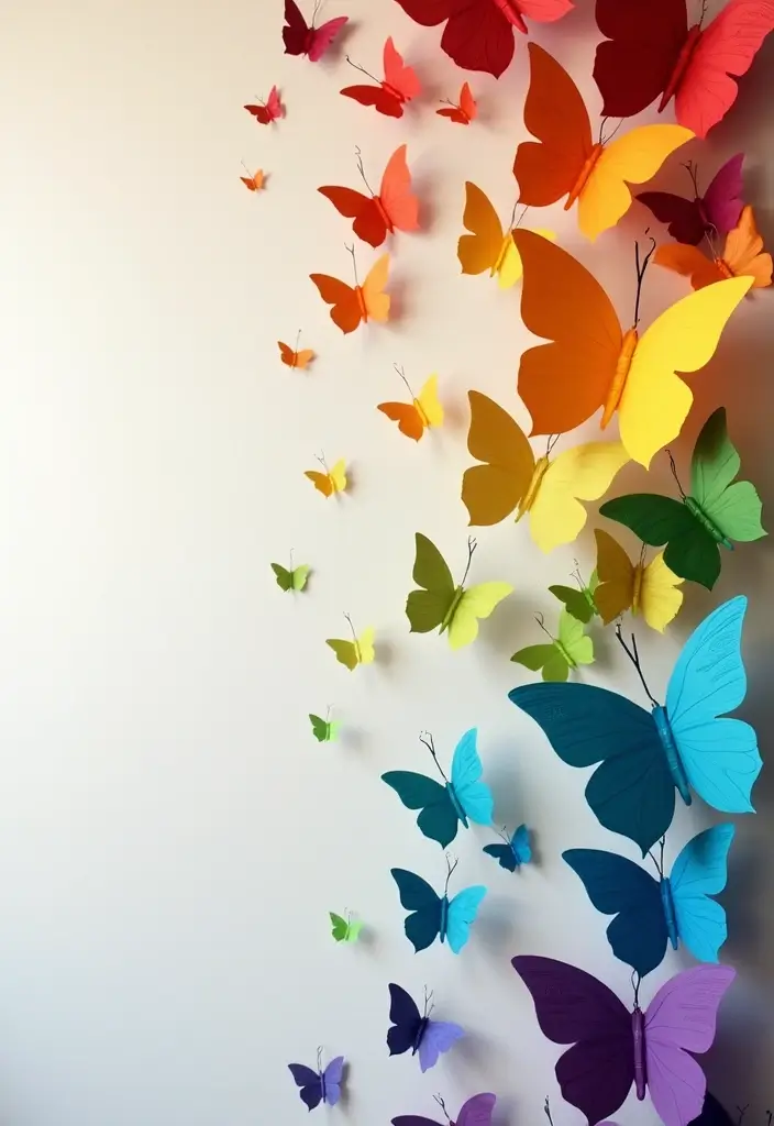 30 Paper Butterfly Wall Decor DIY Ideas That Bring Walls to Life - 1. Rainbow Butterfly Cascade