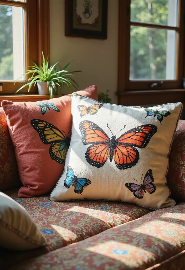 30 Paper Butterfly Wall Decor DIY Ideas That Bring Walls to Life - 29. Butterfly Patterns on Pillows