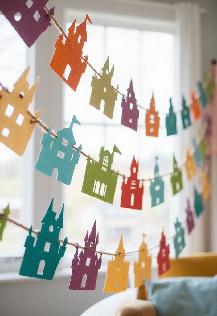 30 Paper Castle DIY Projects That Feel Like a Fairy Tale - 11. Colorful Castle Garland.