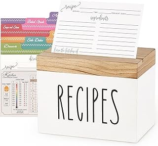 Dahey Wooden Recipe Box White Recipe Organizer with 100 Recipe Cards and...