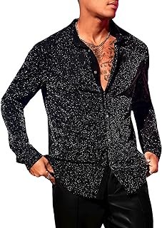 Men's Glitter Shirts Long Sleeve Collar Button Down Party Shirt Top