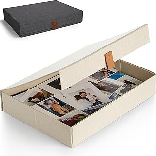 ZICOTO Decorative Photo Storage Box with Lid - A Beautiful Linen Organiz...