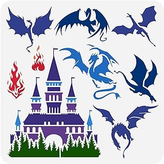FINGERINSPIRE Dragons Castle Painting Stencil - 11.8x11.8 inch Plastic W...
