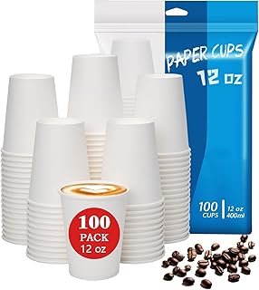 100 Count 12 oz Coffee Cups, Leak-Proof Paper Cups 12 oz, Sturdy White D...