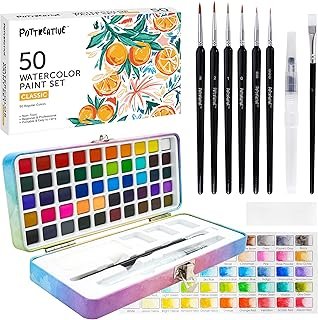 50 Solid Watercolor Paint Set, Portable Travel Case, Built-in Palette wi...