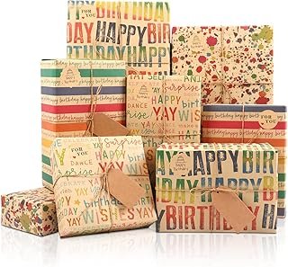 MAMUNU Birthday Wrapping Paper, 8 Sheets Brown Kraft Recycled Gift Wrapp...