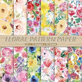 Whaline 60 Sheet Floral Pattern Paper A5 Size Watercolor Flower Scrapboo...