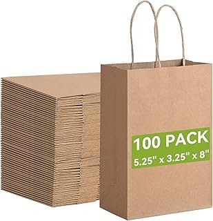 Brothersbox Small Brown Paper Bags with Handles 100PCS, 5.25 * 3.25 * 8 ...