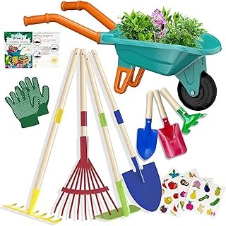 Kids Gardening Tools Outdoor Toys Set Backyard Play with Wheelbarrow Edu...