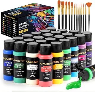 Acrylic Paint Set, 24 Colors (2 oz/Bottle) with 12 Art Brushes, Art Supp...