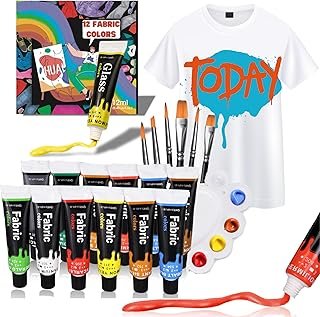 Fabric Paint Set for Clothes with 6 Brushes, 1 Palette, 12 Colors (12ml,...