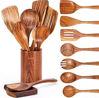 9 Piece Natural Teak Wooden Kitchen Utensil Set with Spoon Rest - Comfor...