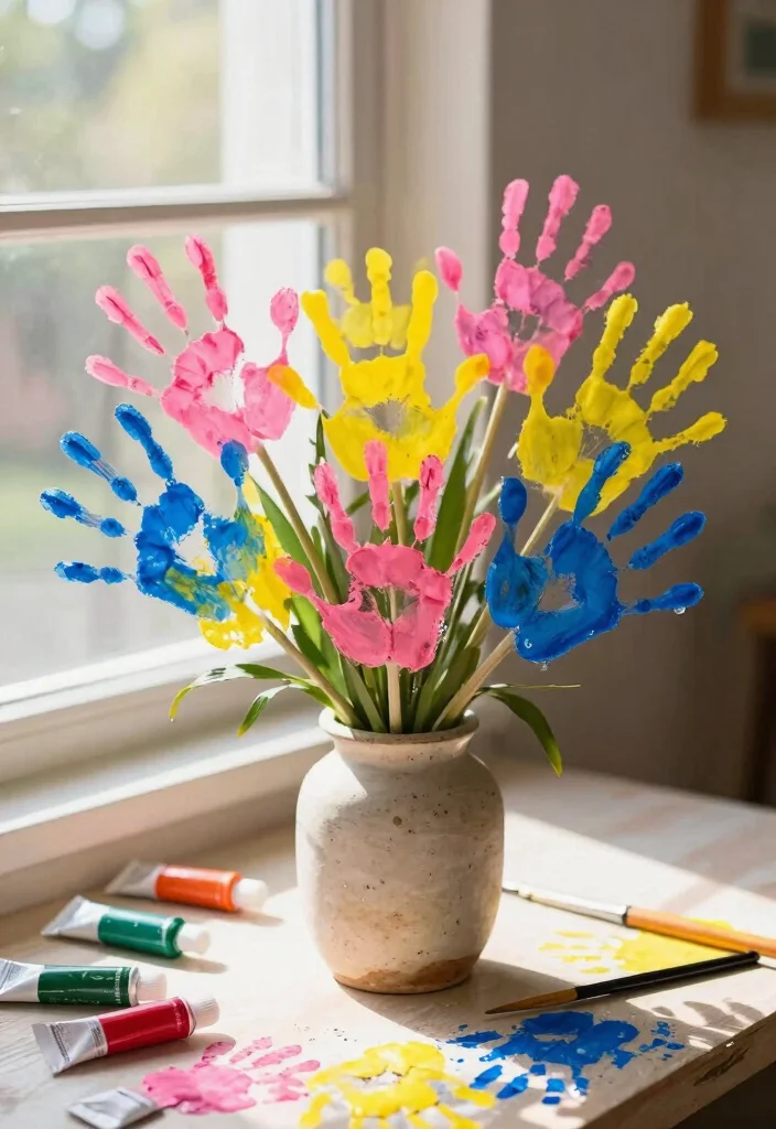 16 Sweet Kids Handprint Flower DIY Crafts for Gifts and Keepsakes - 1. Handprint Flower Bouquet 1