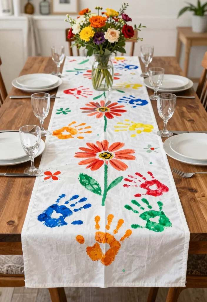 16 Sweet Kids Handprint Flower DIY Crafts for Gifts and Keepsakes - 16. Handprint Flower Table Runner 1