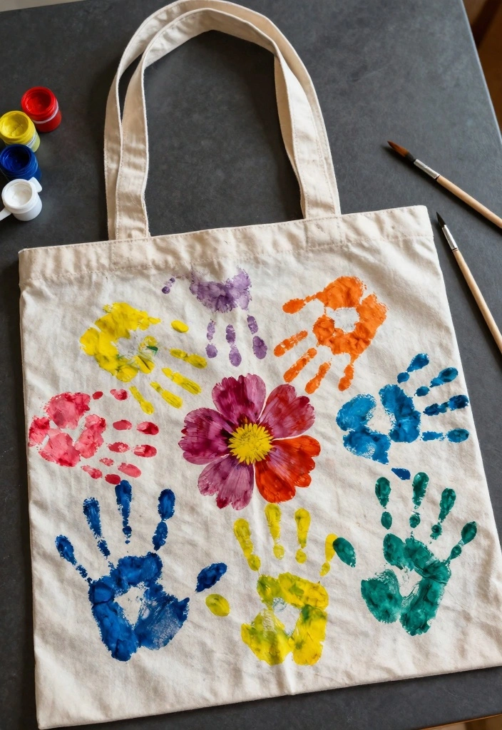 16 Sweet Kids Handprint Flower DIY Crafts for Gifts and Keepsakes - 6. Handprint Flower Tote Bag 1