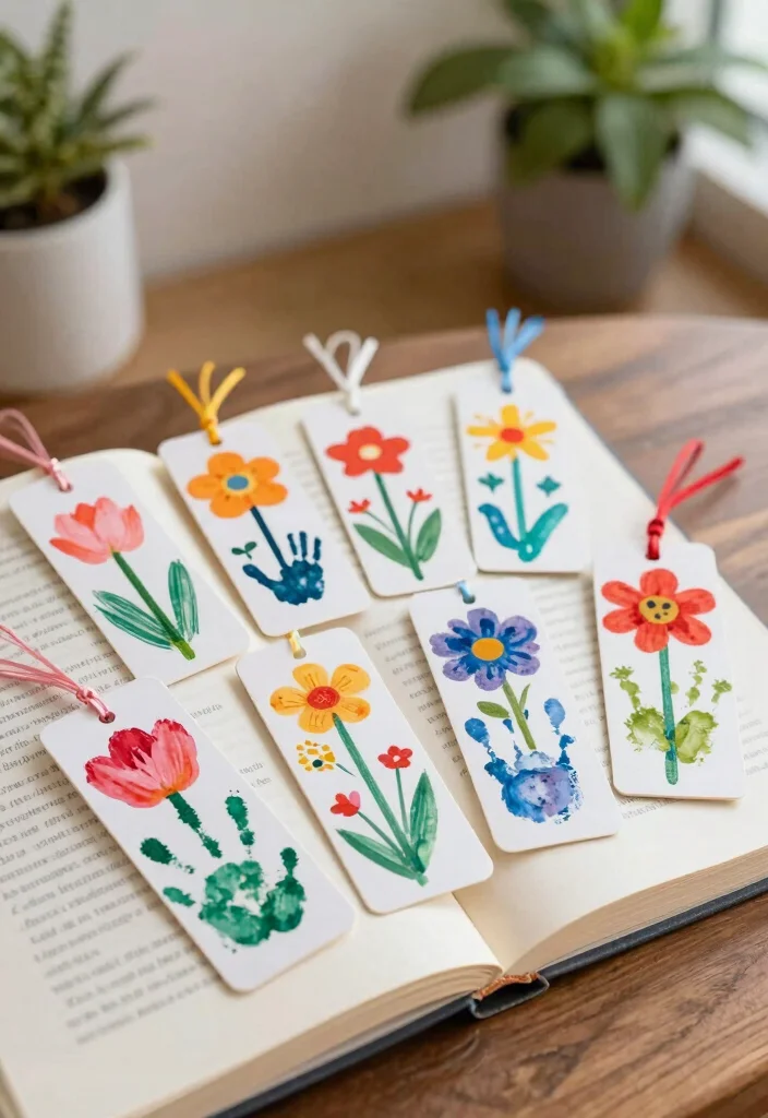 16 Sweet Kids Handprint Flower DIY Crafts for Gifts and Keepsakes - 8. Handprint Flower Bookmarks 1