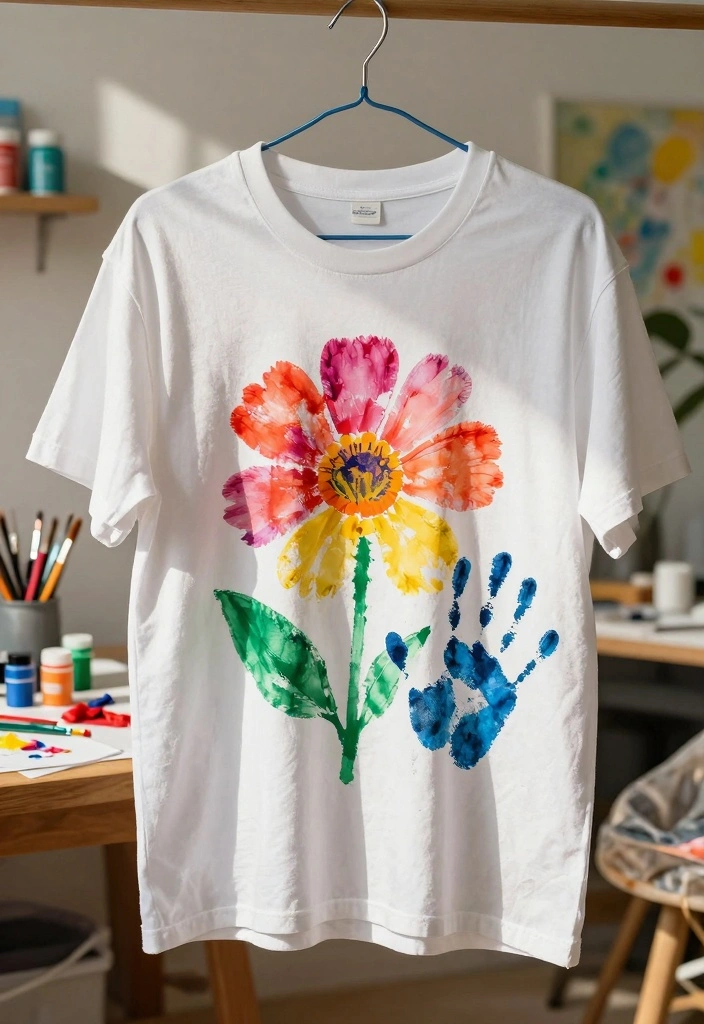 16 Sweet Kids Handprint Flower DIY Crafts for Gifts and Keepsakes - 9. Handprint Flower T-Shirt 1