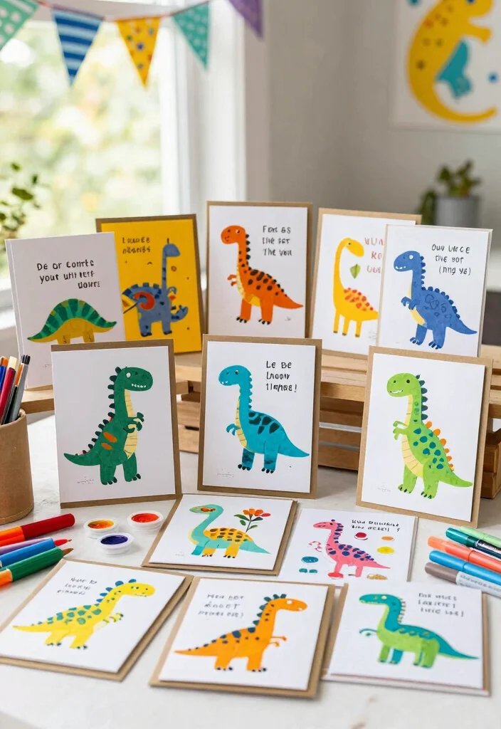19 Fun DIY Dinosaur Crafts for Kids Using Paper - 10. Dino Greeting Cards 1