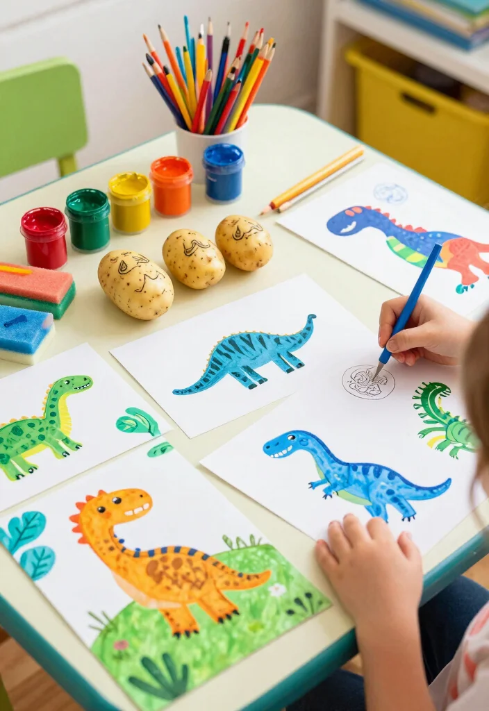 19 Fun DIY Dinosaur Crafts for Kids Using Paper - 16. Dino Pattern Stamps 1
