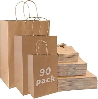 FACEBAG 90-Pack Brown Kraft Paper Bags with Handles Bulk, Assorted Sizes...