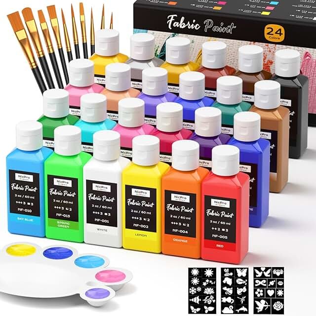 Nicpro 24 Colors Fabric Paint (2oz/60ml), Permanent Soft Fabric Paint Se...