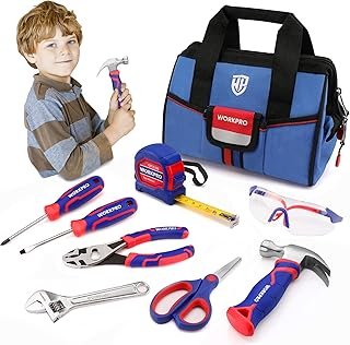 WORKPRO 9-Piece Kids Real Hand Tool Set, Blue Junior Tool Kit with Stora...