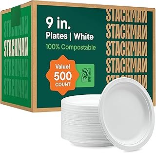 100% Compostable Paper Plates 9 Inch [500 Count] Heavy-Duty Dinner Plate...