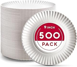 9-Inch Disposable Paper Plates - 500 Count - Bulk Pack of Uncoated Paper...