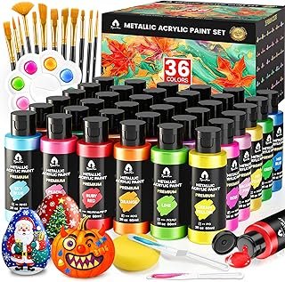 52 Pcs Metallic Acrylic Paint Set with 12 Brushes, 2 Knives & Palette, 3...