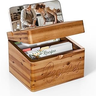 Acacia Recipe Box with Recipe Cards 4x6 - Wooden Box with Dual Slot, 2 C...