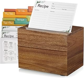 DRASTAR Recipe Card Box, Acacia Recipe Holder 4x6, Recipe Organizer with...