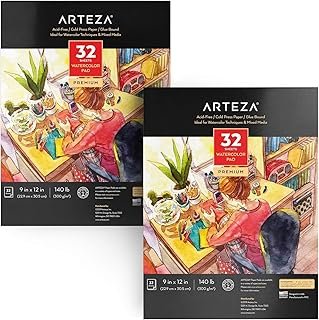 ARTEZA Watercolor Paper, Pack of 2, 32 Sheets Each, 9x12 Inch Watercolor...