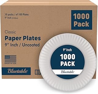 Bluetable 9 Inch Paper Plates Bulk – 1000 Count - Uncoated White 9” Dinn...
