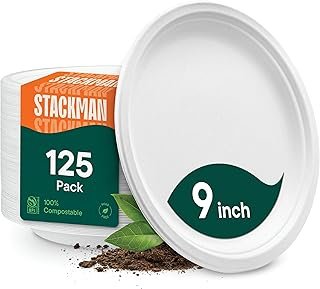 Stack Man 100% Compostable Paper Plates 9 Inch Heavy-Duty [125-Pack] Eco...