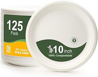 WELLIFE 10 Inch Paper Plates, 125-Pack 100% Compostable Heavy Duty Dispo...