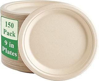 Vplus 150 Pack Paper Plates 9 inch 100% Compostable, Heavy-Duty Disposab...