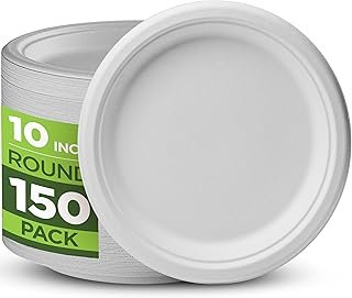 Munfix 100% Compostable Paper Plates 150 Pack, 10 Inch Heavy Duty Biodeg...