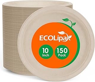 ECOLipak Paper Plates 10 Inch, 150 Pack Compostable Heavy Duty Disposabl...