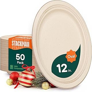 100% Compostable Oval Paper Plates [50-Pack] - {PFAS-Free} - {BPI Certif...